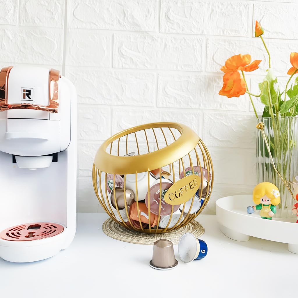 AIYICIII metal pod storage basket offers durable, stylish gold finish for busy kitchens.