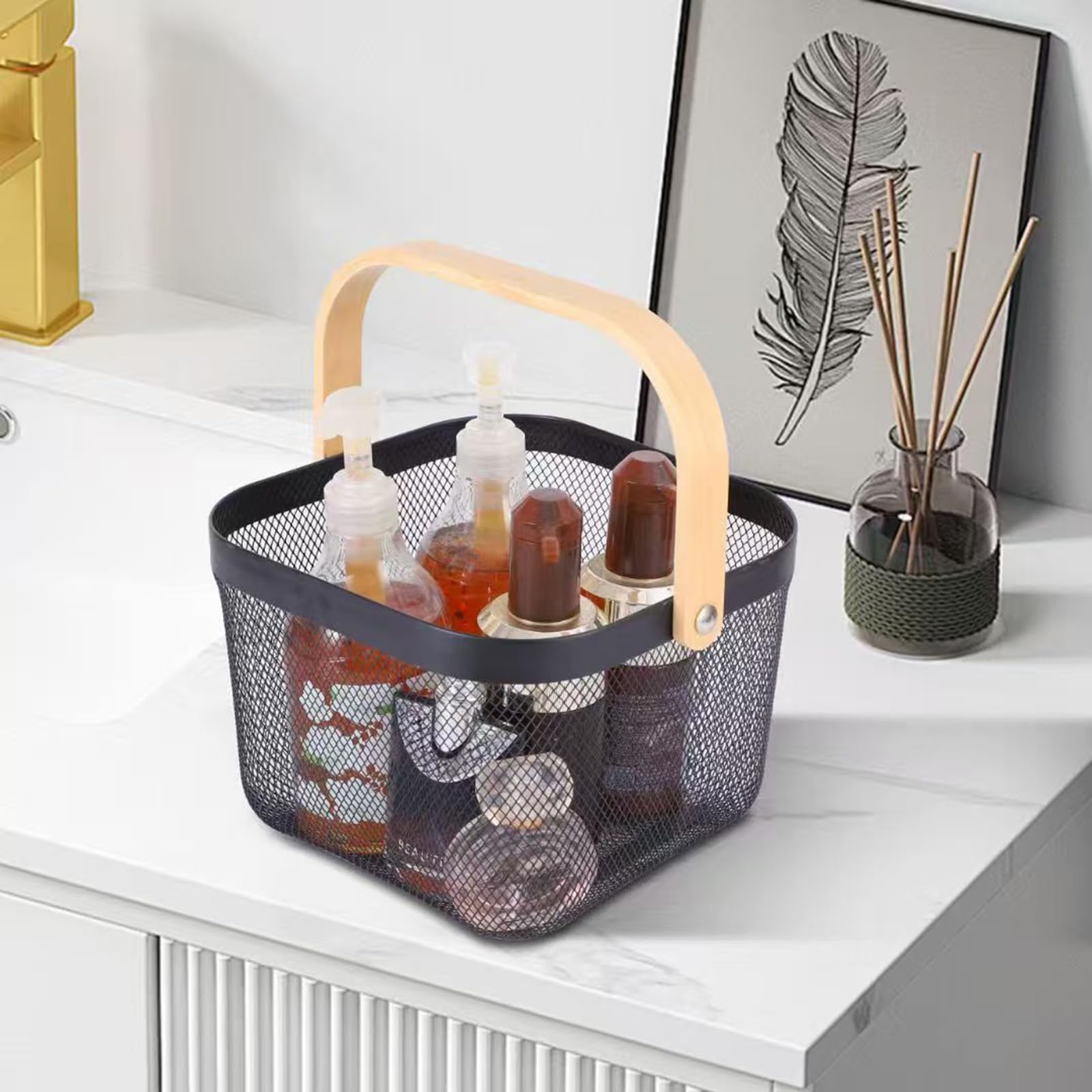 AJIODA bathroom toiletries basket neatly holding soaps and lotions.