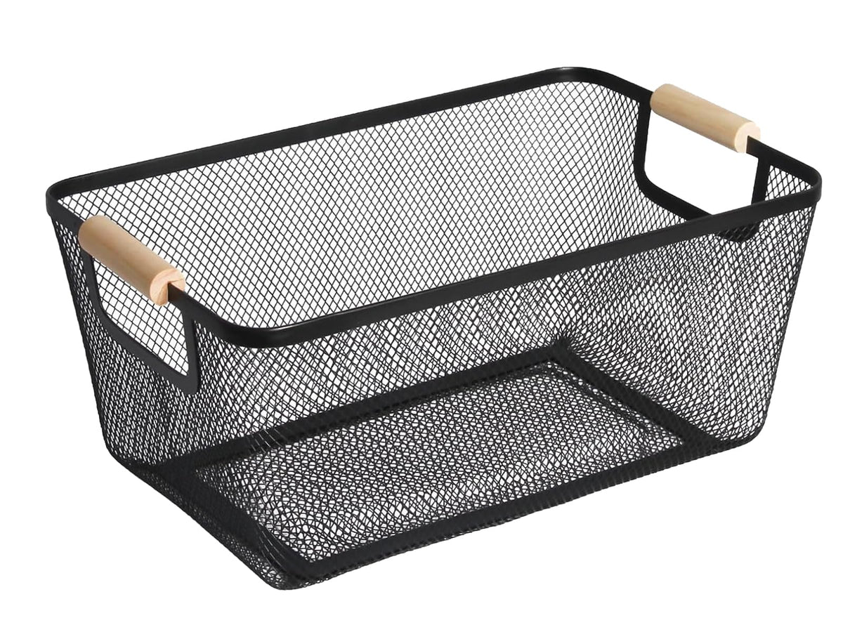 AJIODA metal mesh basket with wood handle for rectangle black storage and easy pantry access