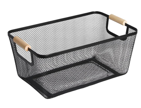 AJIODA metal mesh basket with wood handle for rectangle black storage and easy pantry access