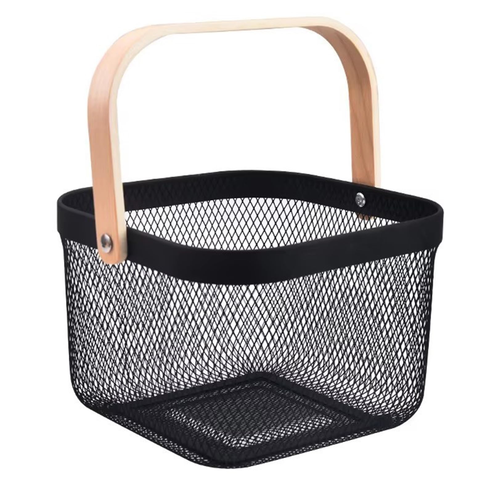 AJIODA metal mesh basket with wooden handle for organized kitchen storage.
