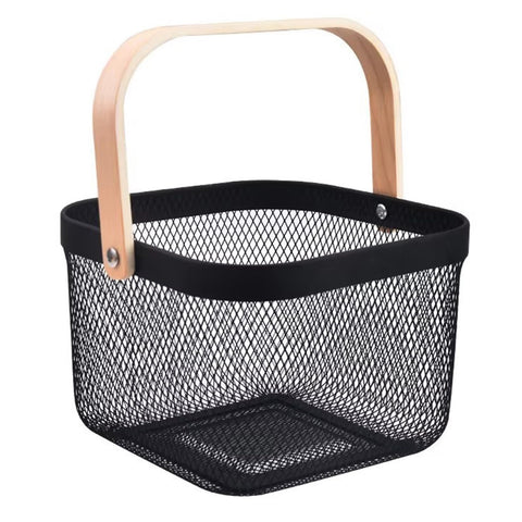 AJIODA metal mesh basket with wooden handle for organized kitchen storage.