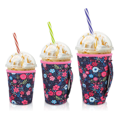 AJLTPA Flower Meadow iced coffee sleeve on 16-18 oz cup keeps hands dry