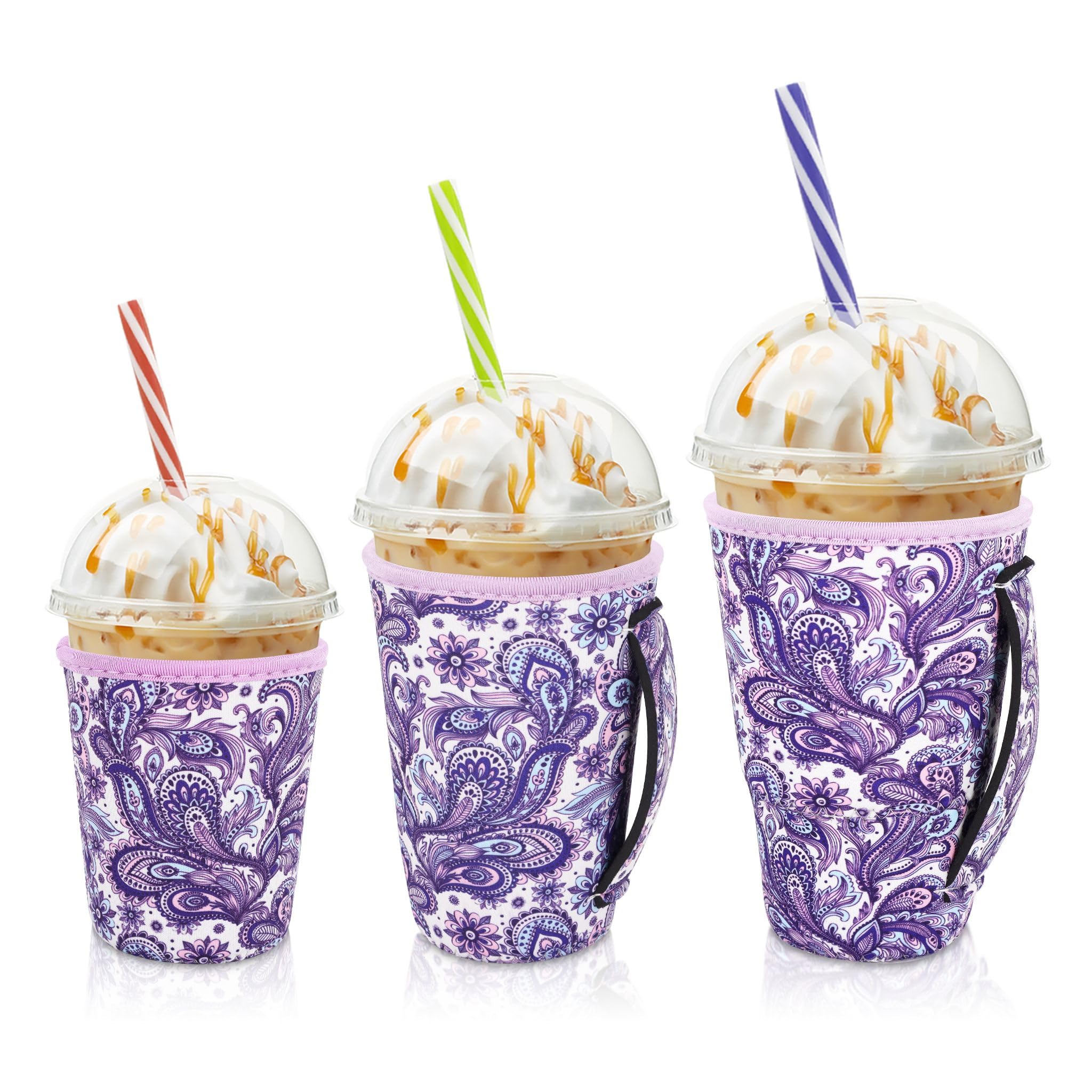 AJLTPA iced coffee sleeve with purple paisley close-up showing durable neoprene protection.
