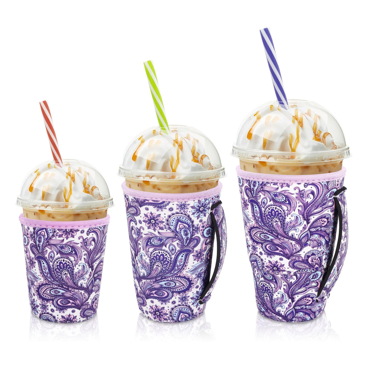 AJLTPA iced coffee sleeve with purple paisley close-up showing durable neoprene protection.
