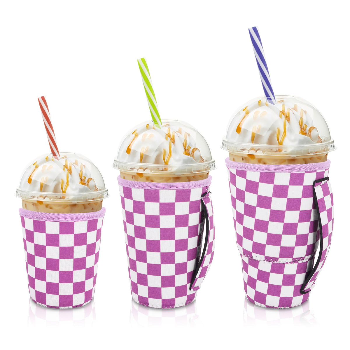AJLTPA purple checkerboard iced coffee sleeve fits 16-18 oz cups.
