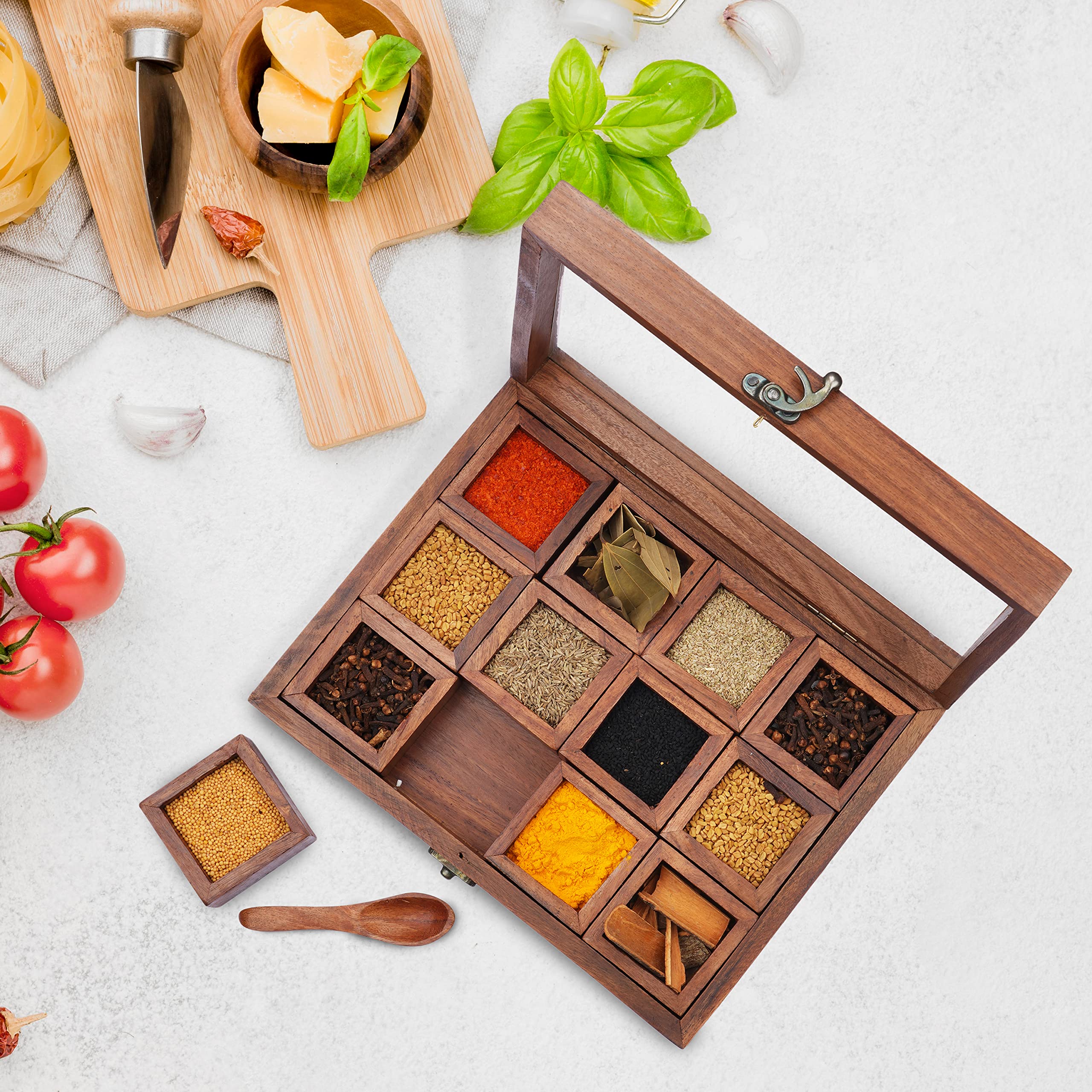 Ajuny spice box with lid open for easy access and viewing of contents
