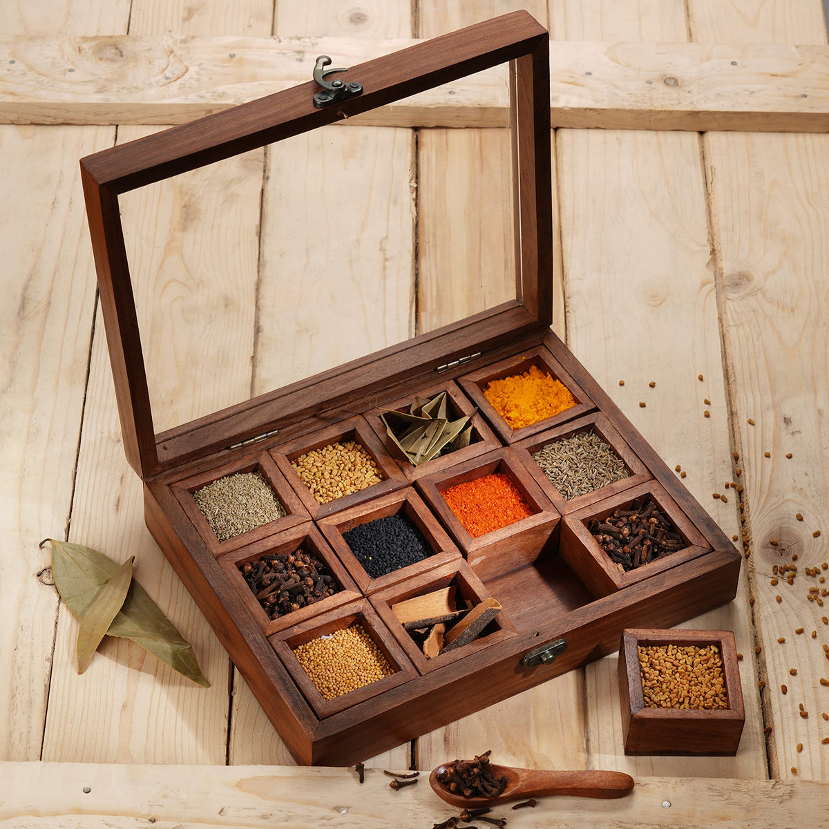 Ajuny spice box with glass lid showcases organized spices at a glance