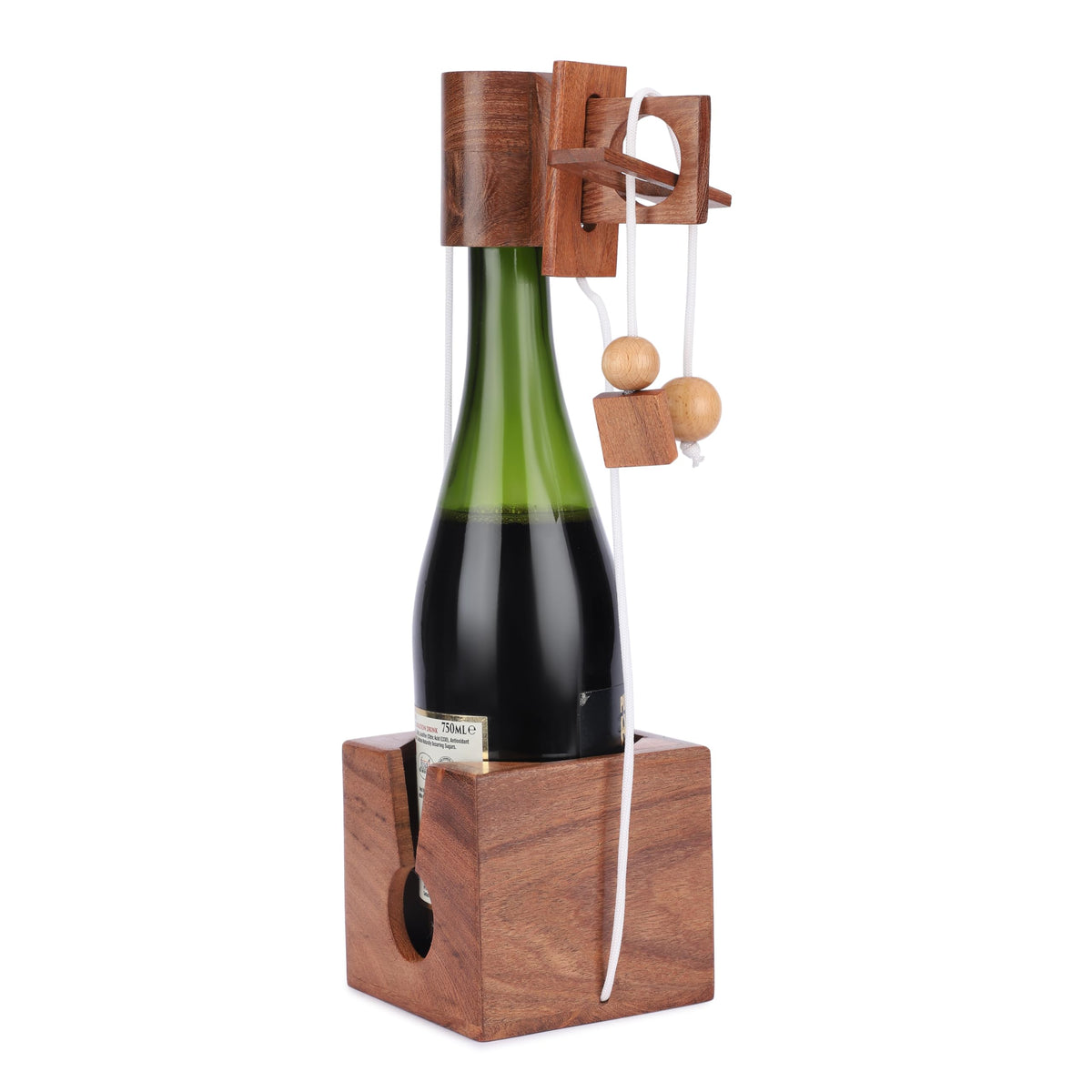 Ajuny wine bottle puzzle holder shows premium wooden craftsmanship for elegant presentation.