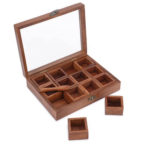 Close-up of warm wood grain and rustic finish on the spice box