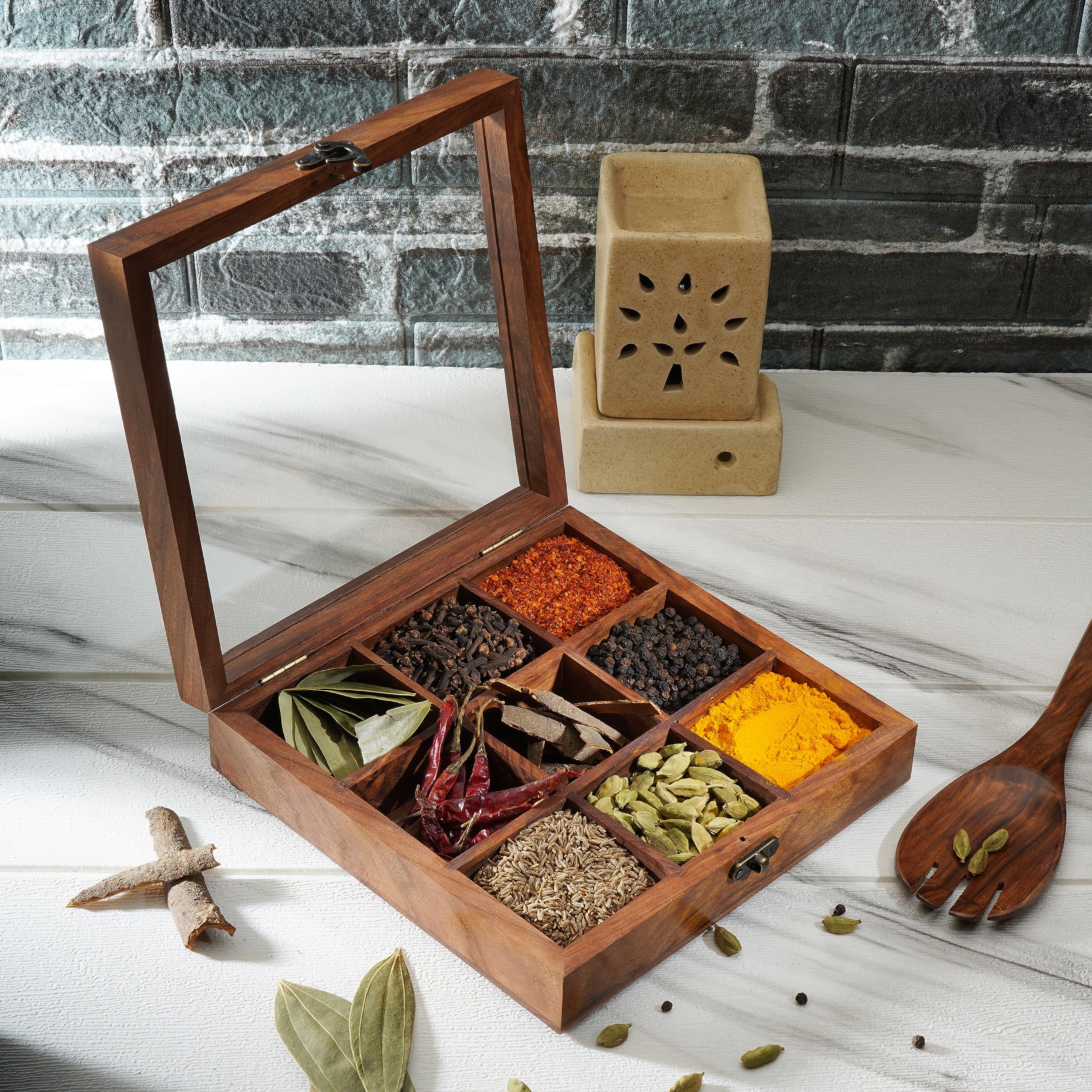 Ajuny wooden spice box with glass lid showing compact 8x8 inch design for storage.