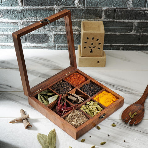Ajuny wooden spice box with glass lid showing compact 8x8 inch design for storage.