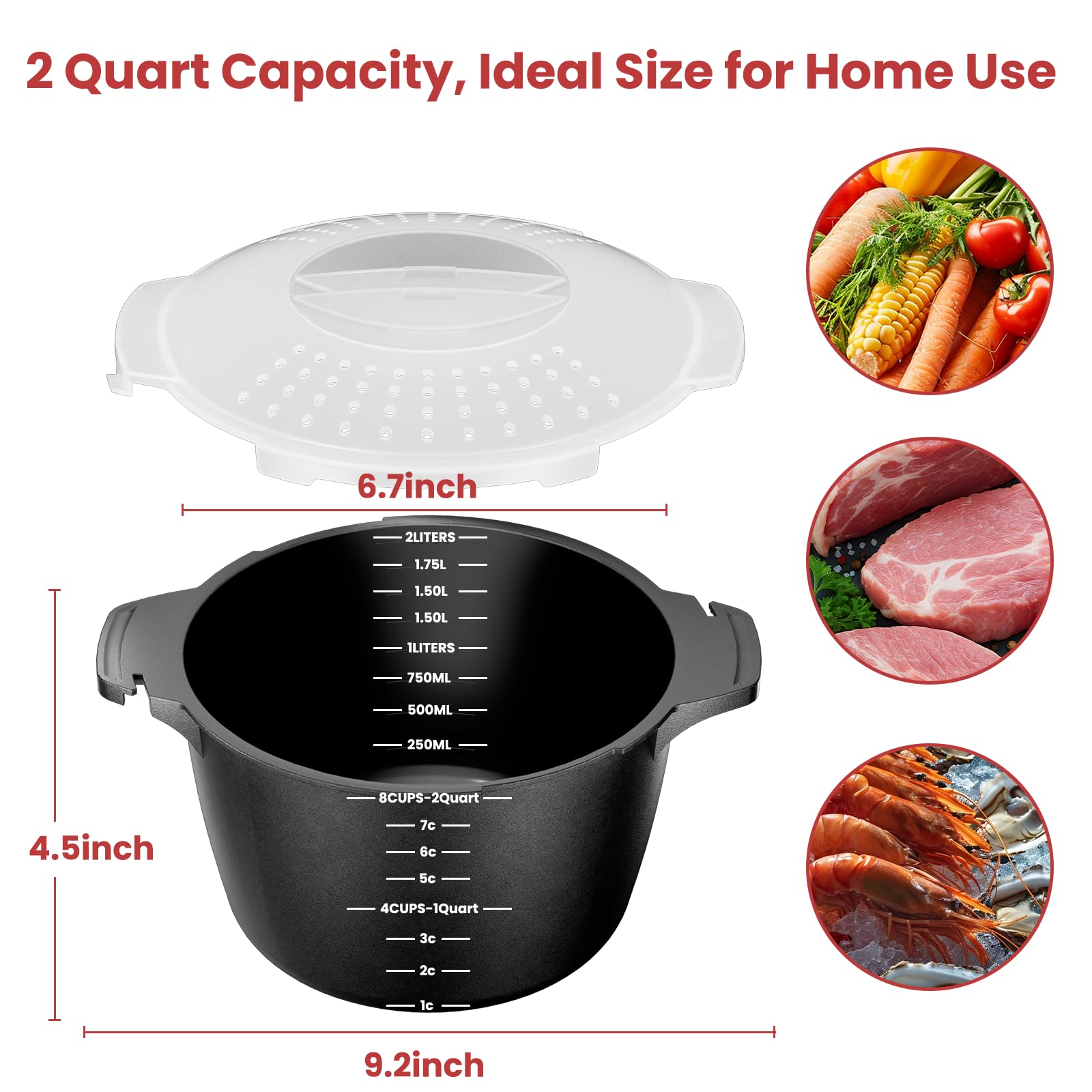 AJXX lockable lid steamer with easy-grip handles for safe pouring