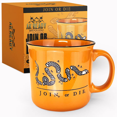 AK Ready Join Or Die mug 17oz with Gadsden flag design for bold coffee.
