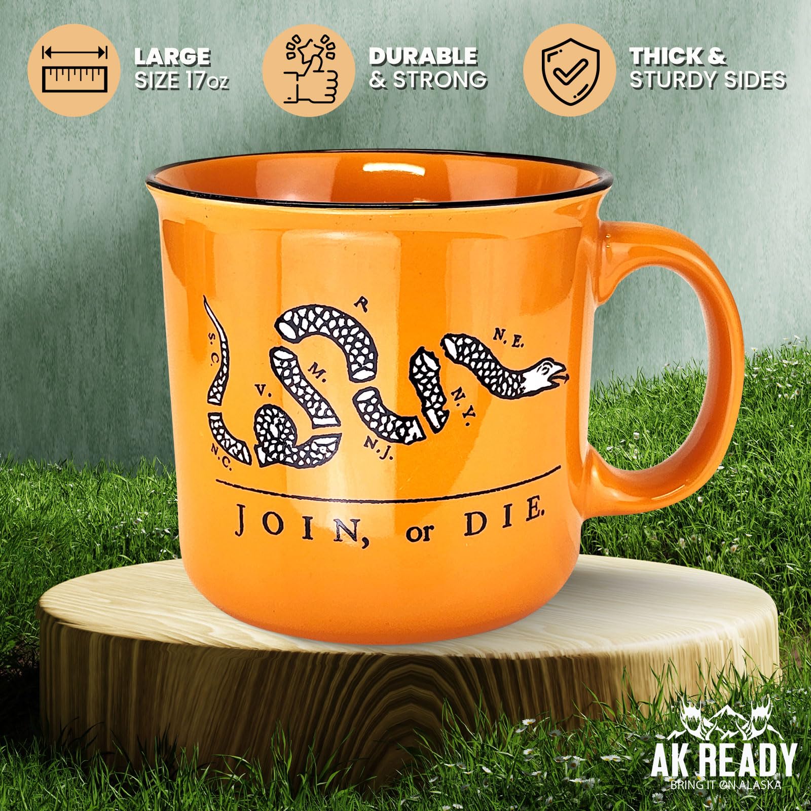 AK Ready Join Or Die mug back Bedford flag motif for display.