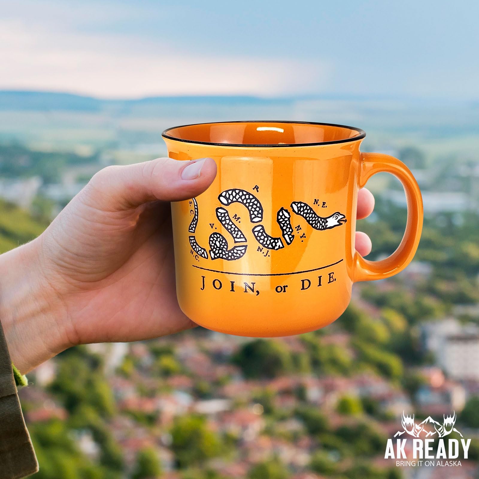 AK Ready Join Or Die mug texture close-up highlighting finish.