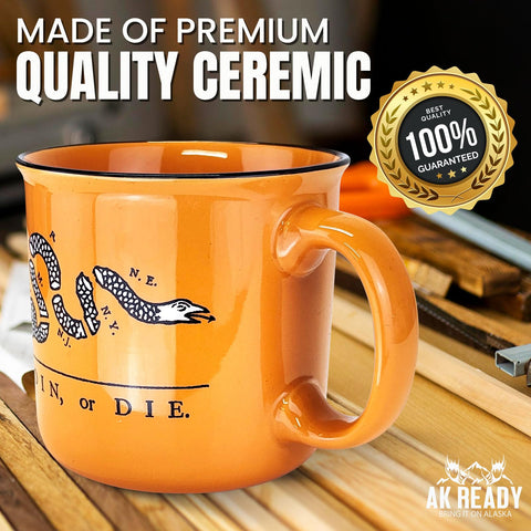 AK Ready Join Or Die mug Gadsden flag detail for patriotic mornings.