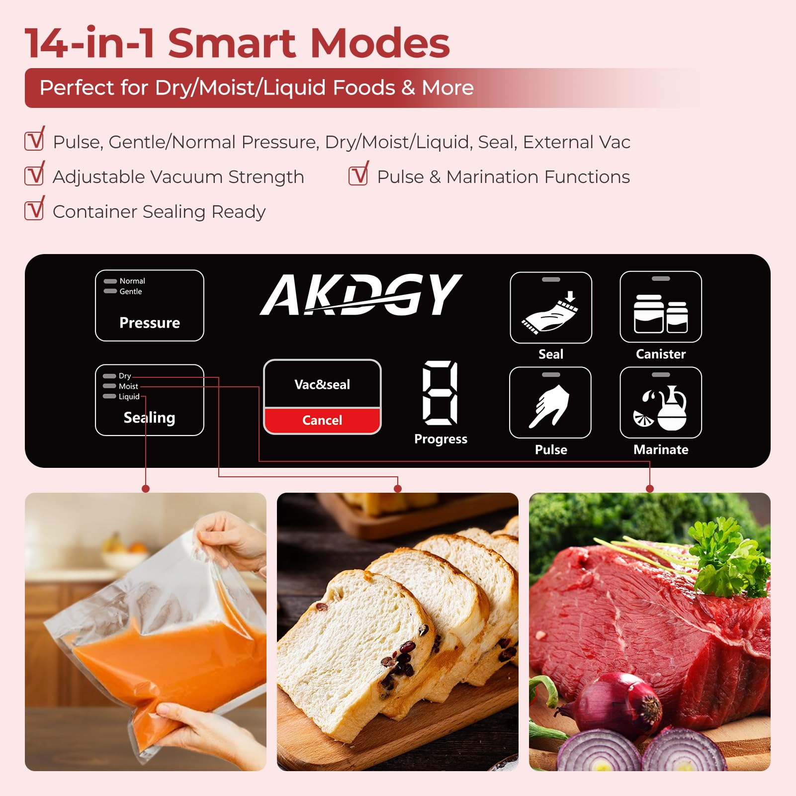 AKDGY 14-in-1 smart modes panel showcases versatile sealing options for every food type