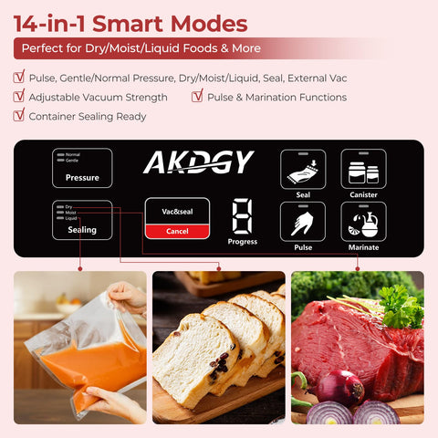 AKDGY 14-in-1 smart modes panel showcases versatile sealing options for every food type