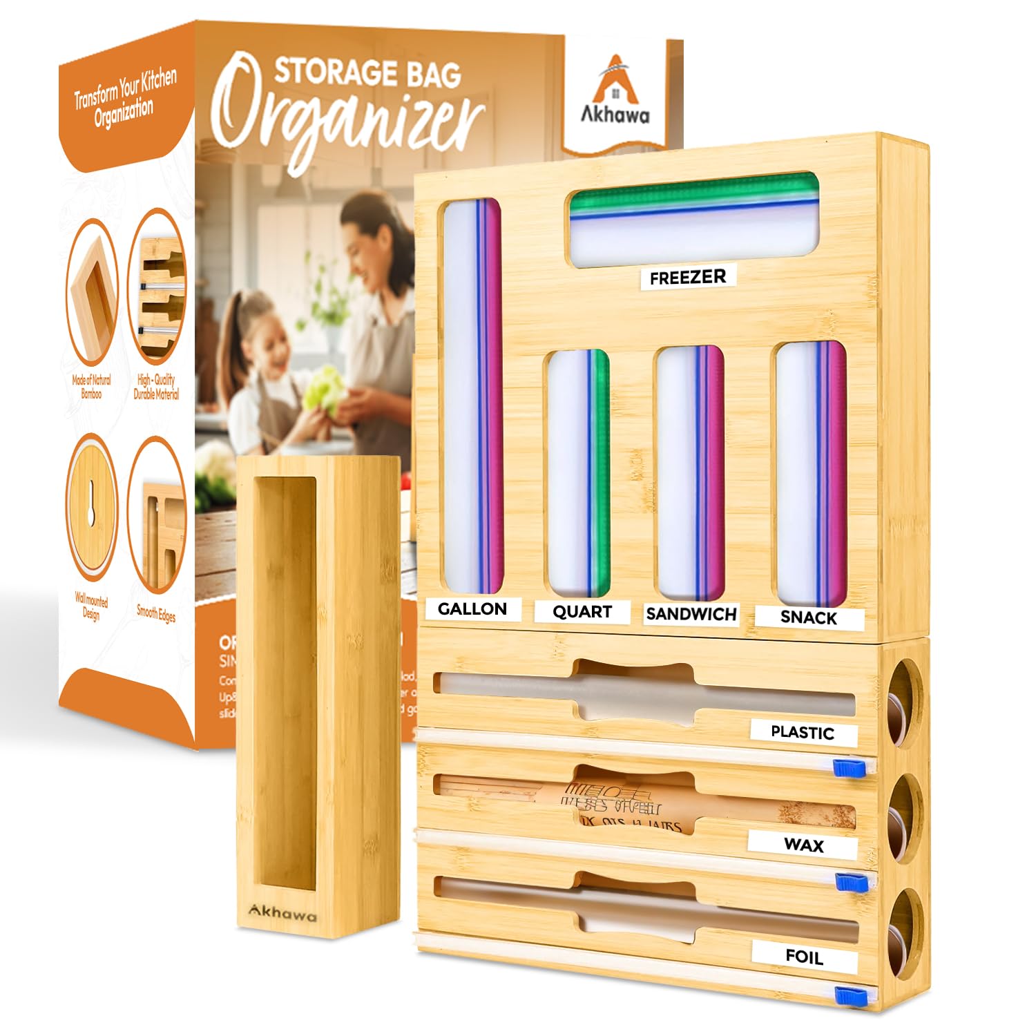 Akhawa 9-in-1 bag organizer in-drawer with foil cutter keeps bags neatly accessible.