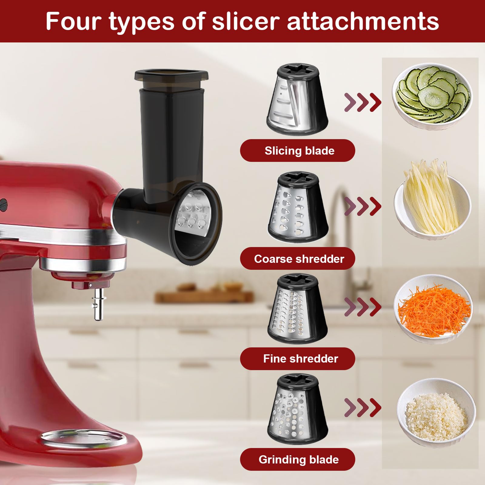 Akiosk food tray and pusher assist easy loading and controlled grinding.