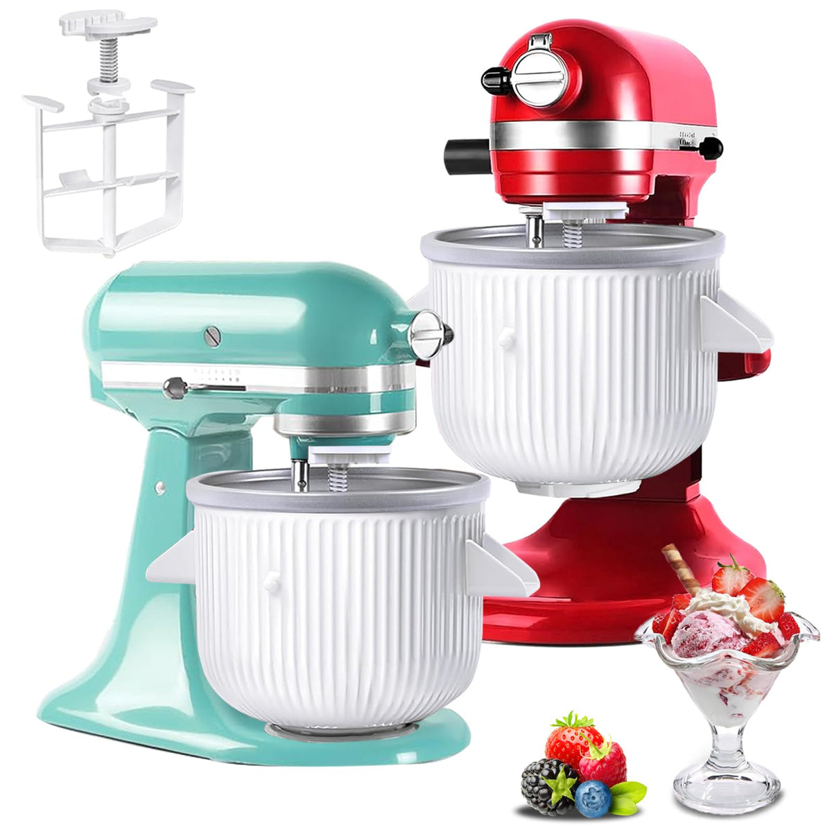 Akiosk ice cream maker attachment fits KitchenAid bowls for smooth ice cream.