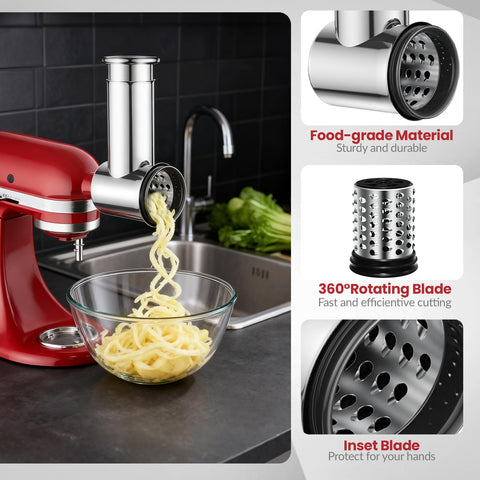 Akiosk KitchenAid stand mixer attachment in use for quick slicing and shredding.
