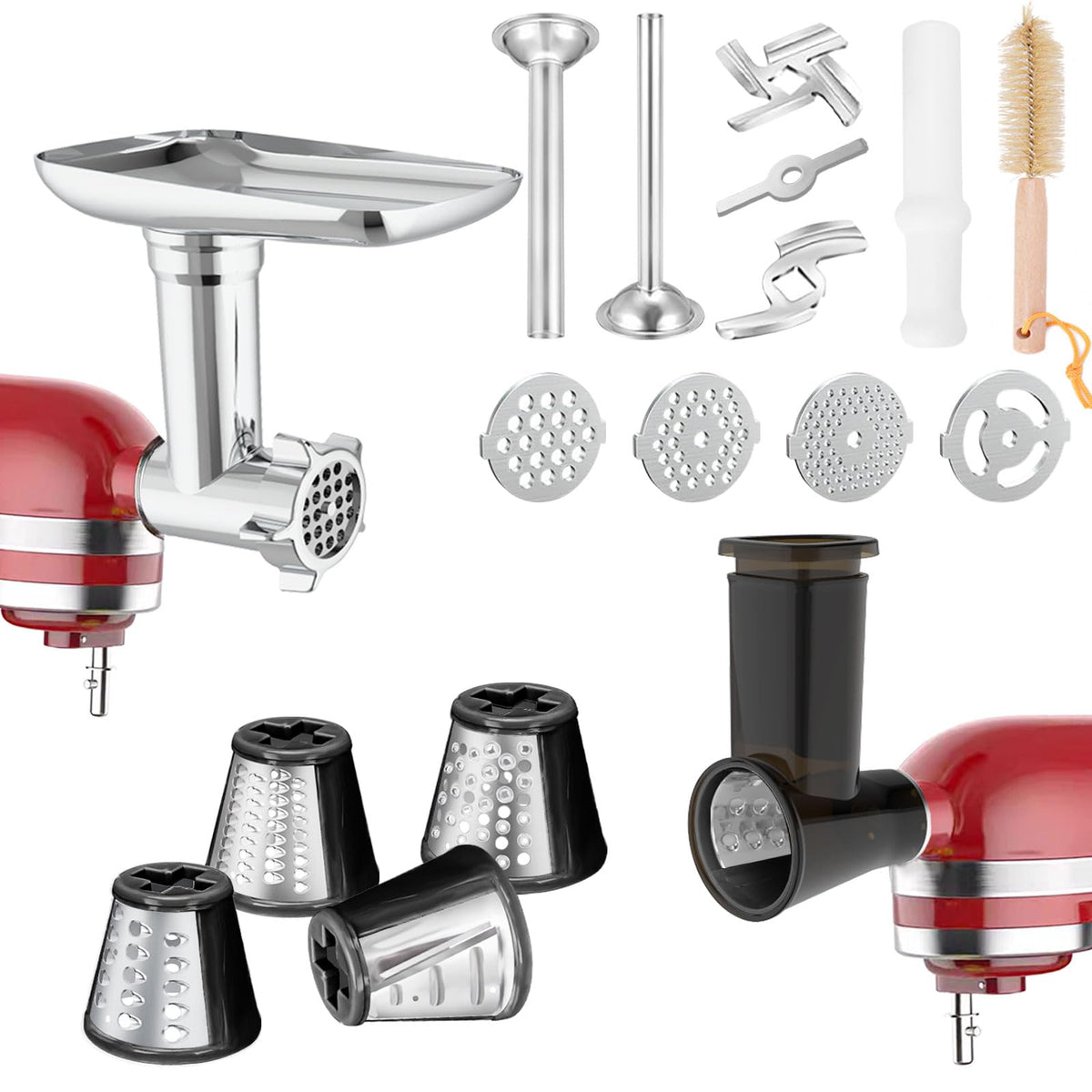 Akiosk meat grinder attachment for KitchenAid enables efficient mincing with multiple plate sizes.