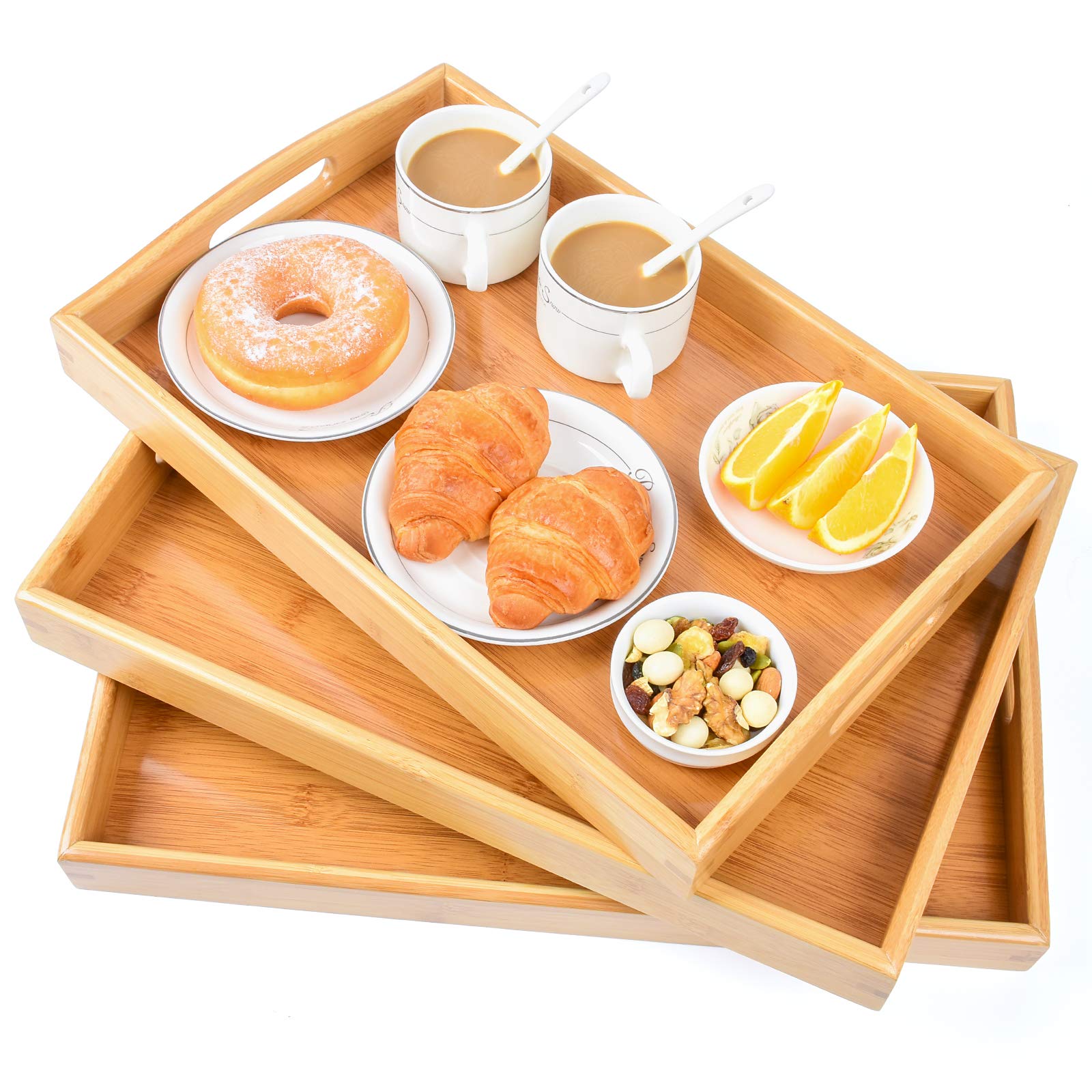 AKKAJJ bamboo trays 3-pack assembled for versatile breakfast, snacks, and tea service
