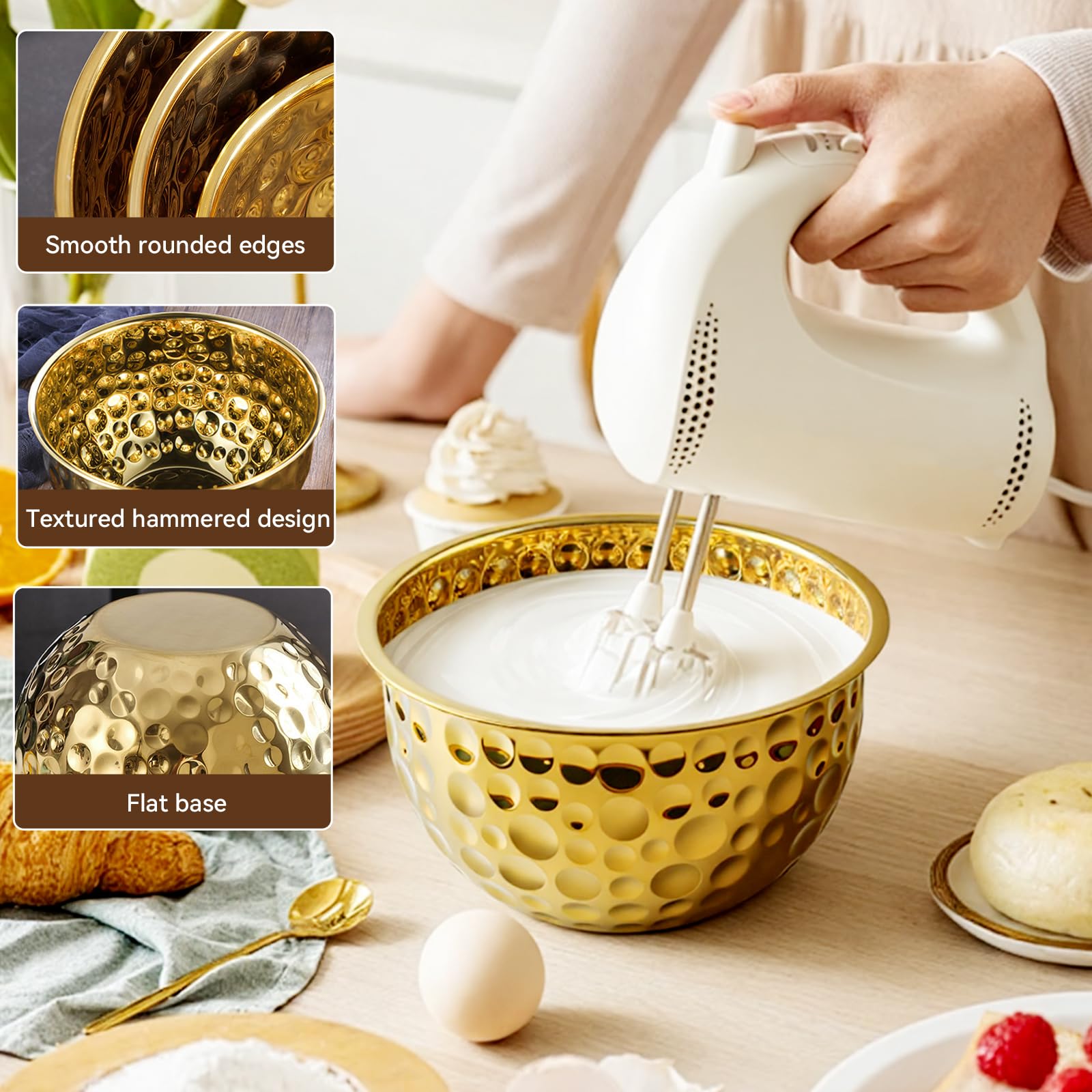 AKODENORA gold bowls with deep body and wide rim for versatile cooking prep.
