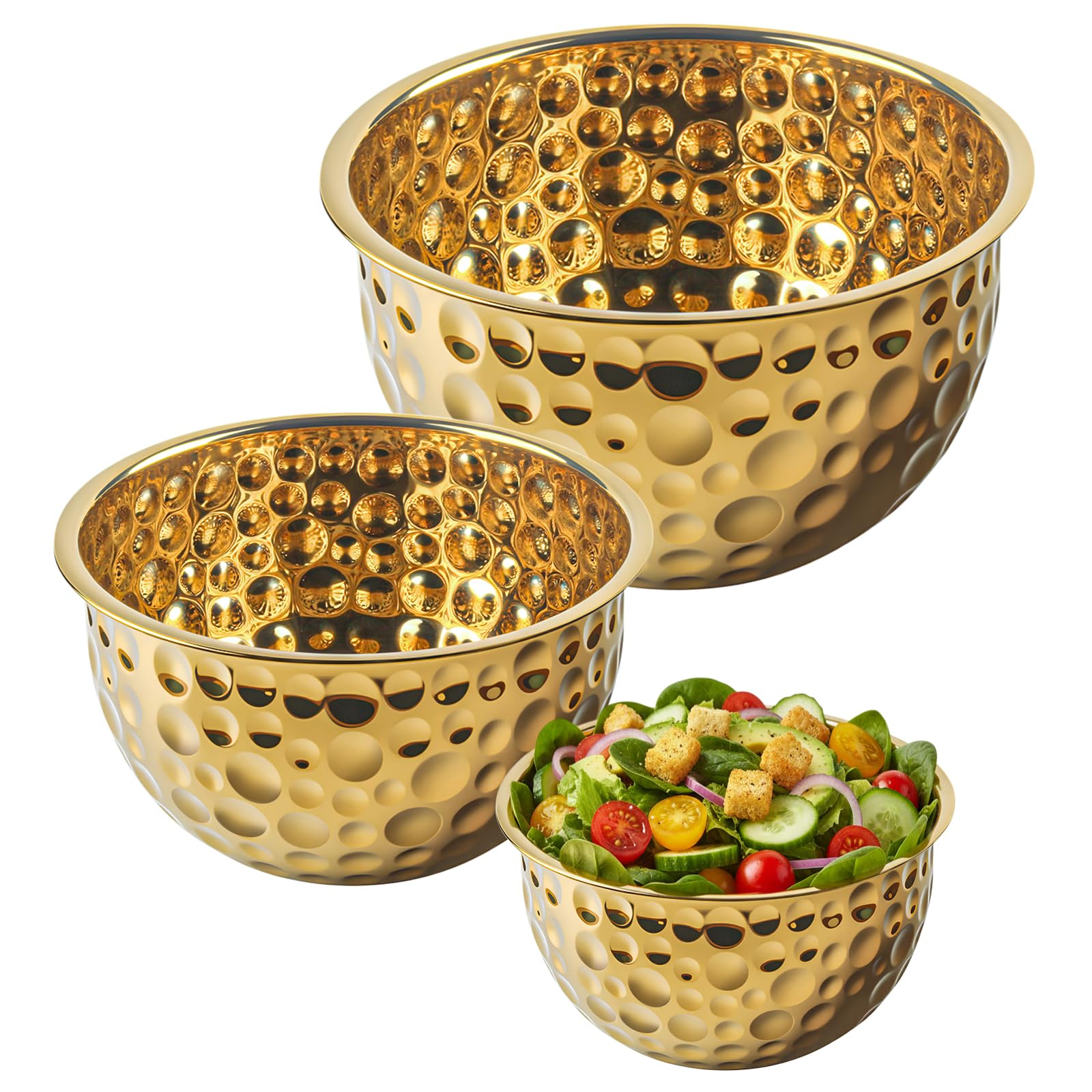 AKODENORA gold mixing bowls with hammered texture for stylish food prep and serving.