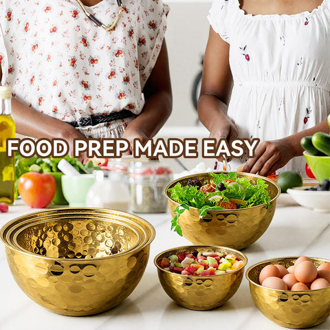 AKODENORA gold-serving bowls on table showcase elegant centerpiece and practical serving.