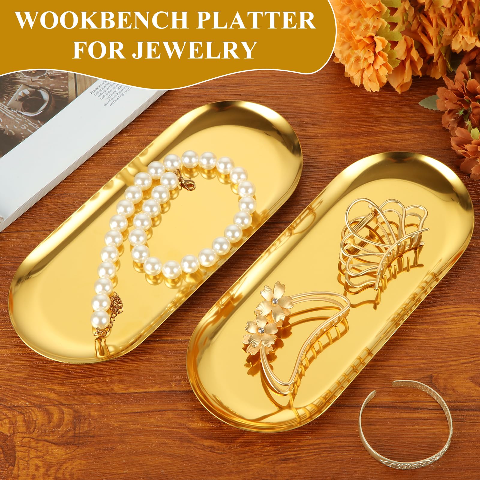 AKOLAFE gold vanity storage tray keeps cosmetics organized.