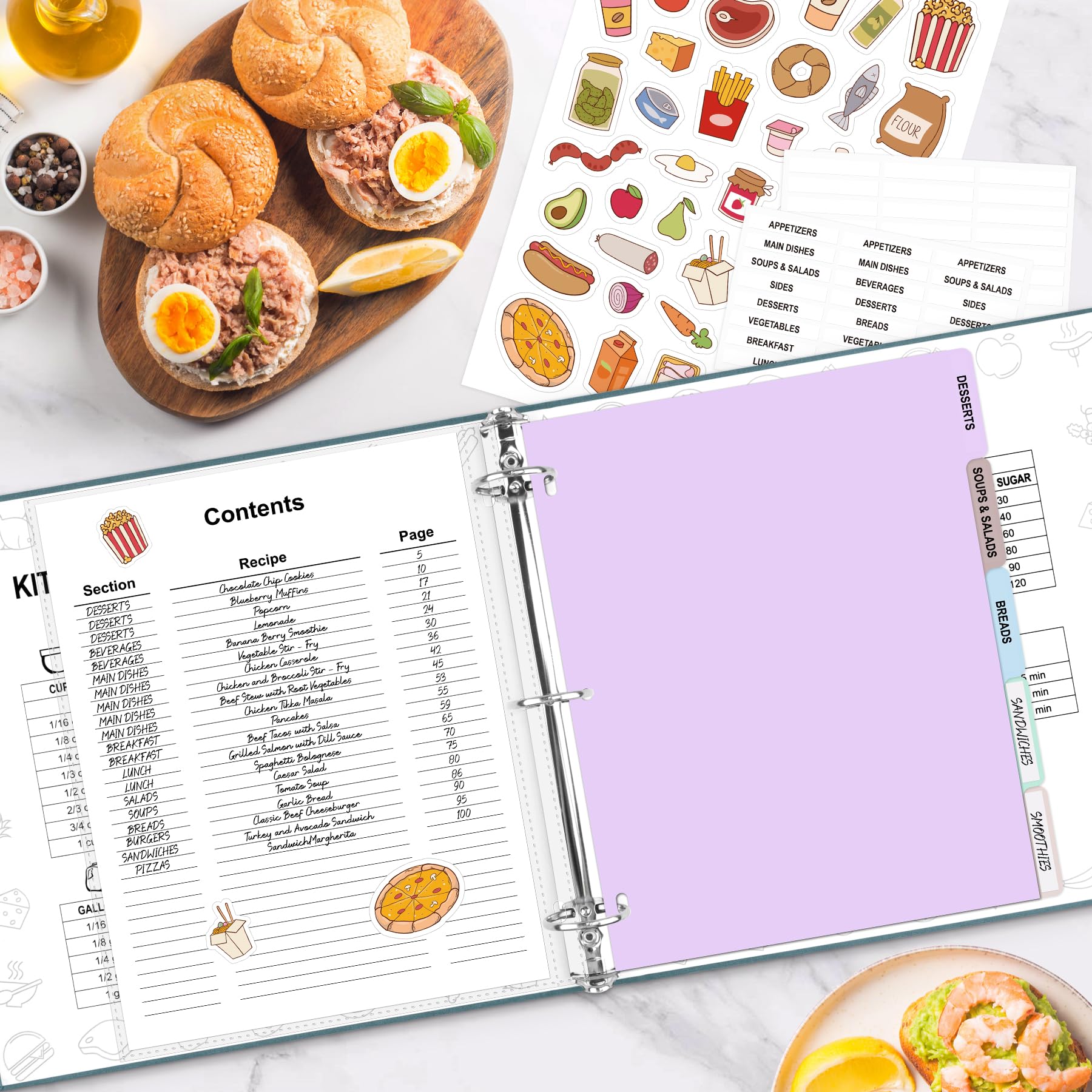 AKONEGE dividers and stickers help categorize recipes for fast retrieval