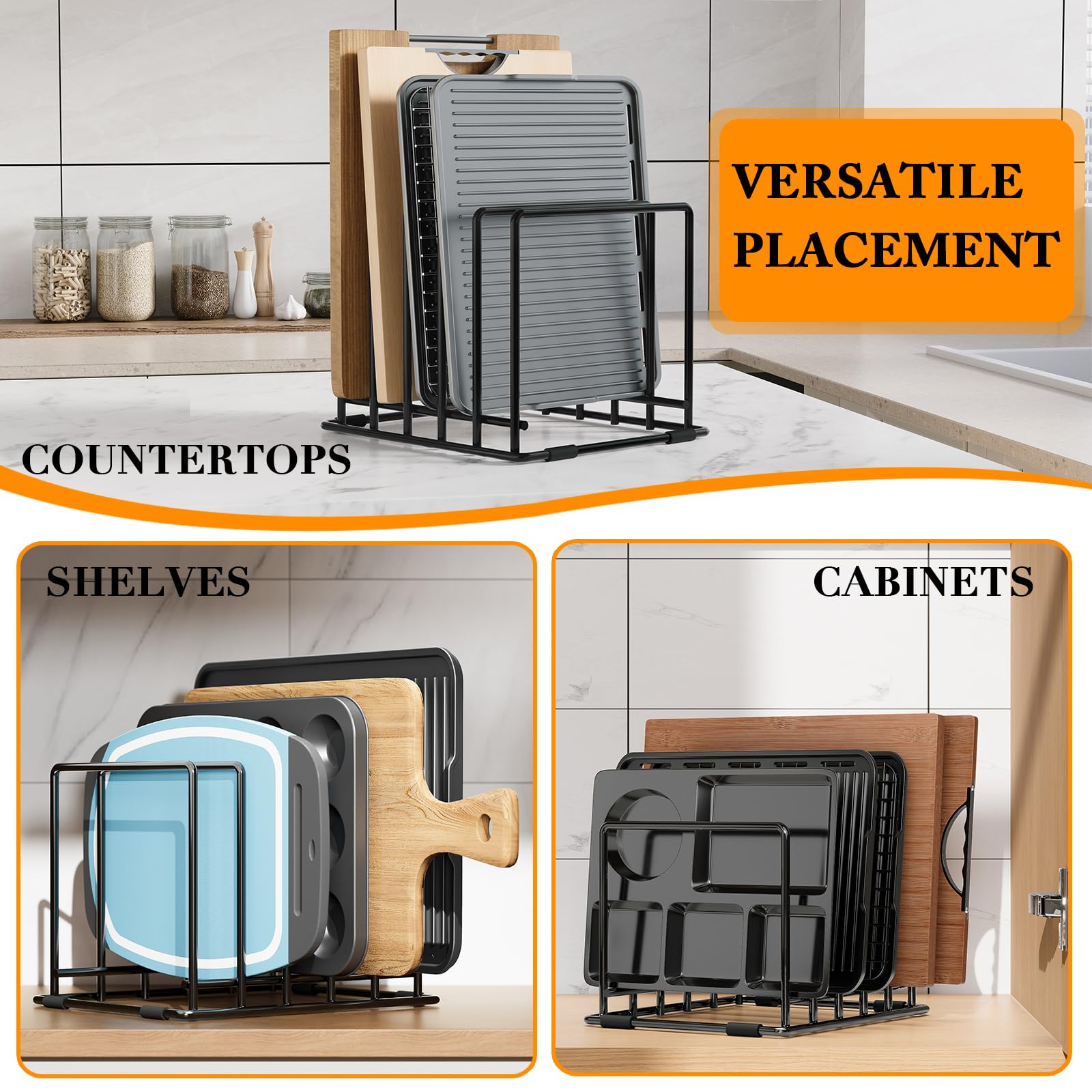 AKSONMN bakeware tray organizer fits inside cabinets for easy access.