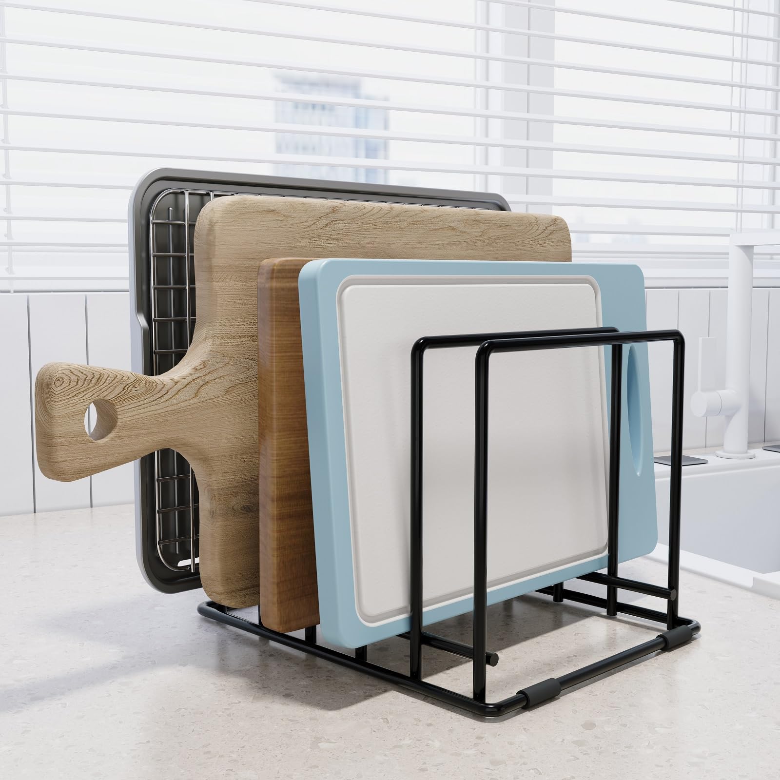 AKSONMN cutting board rack with 5 slots keeps bakeware organized on the countertop.