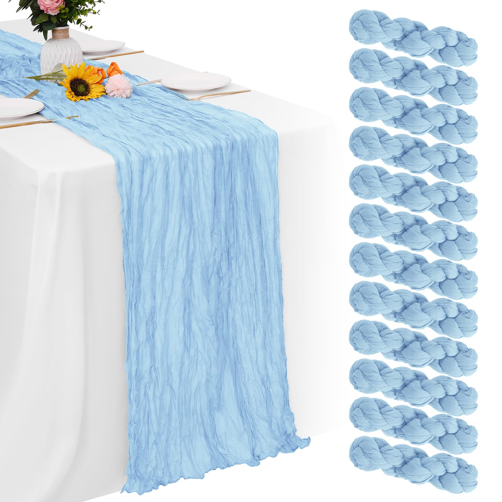 Aktor 12-pack light blue table runner wide view for elegant wedding tables.