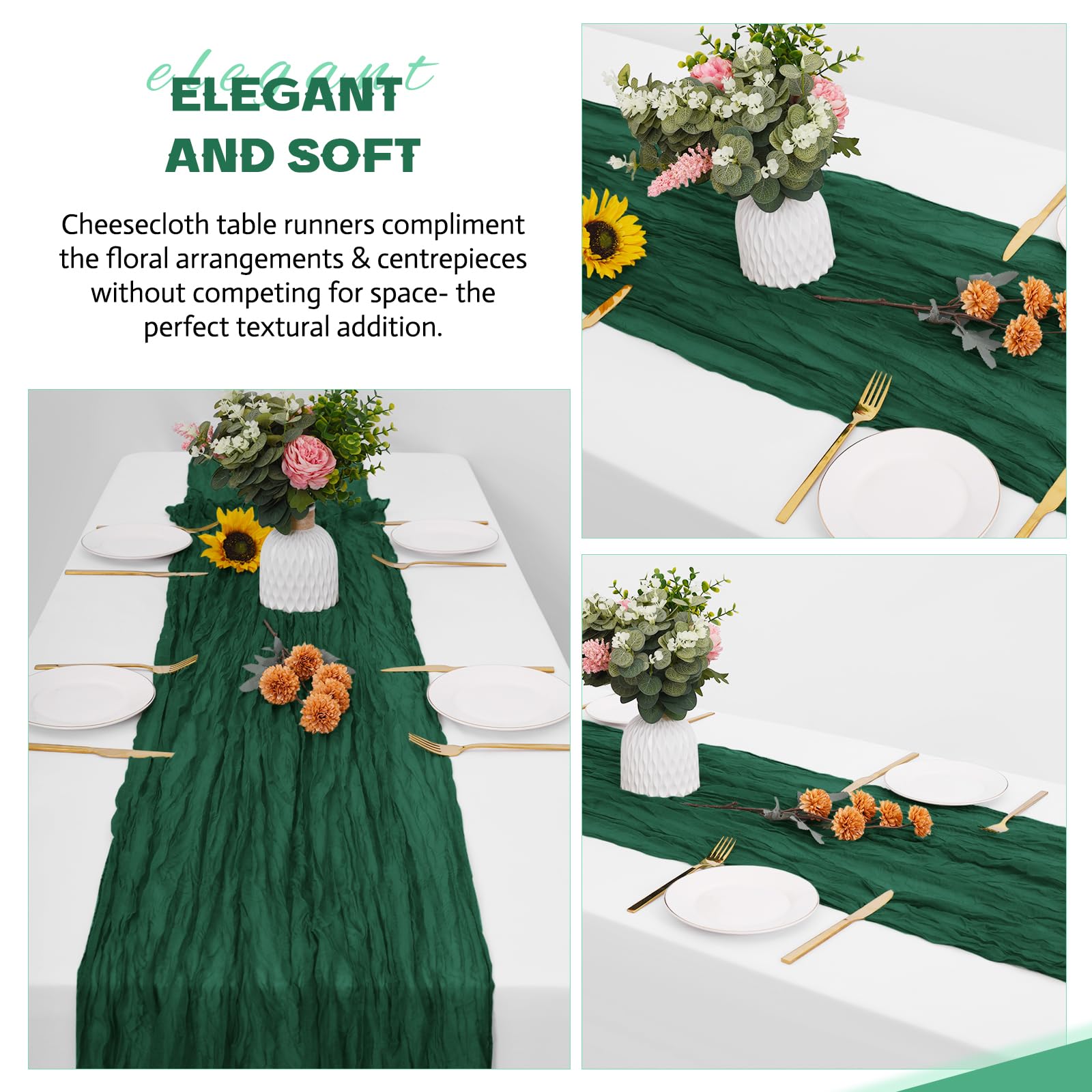 Wedding dining setup featuring Aktor emerald green table runner for romantic ambiance.