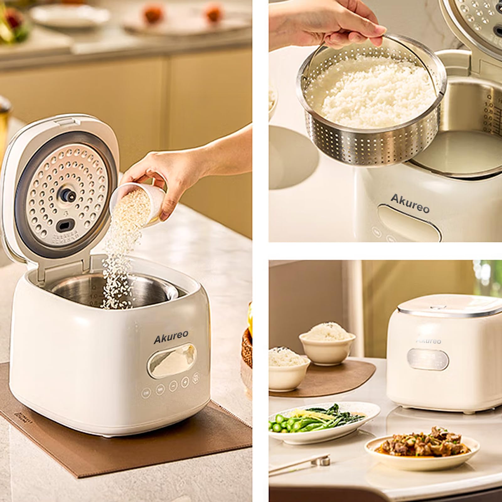 Akureo rice cooker in a cozy kitchen scene for small households.