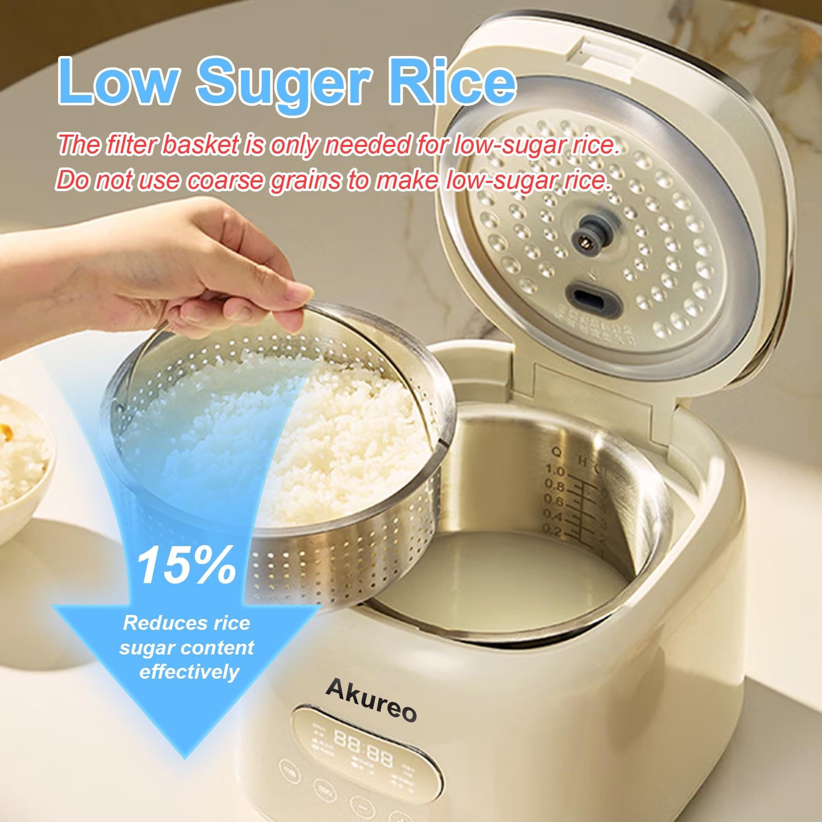 Akureo low-sugar function reduces starch and sugar for lighter rice servings.