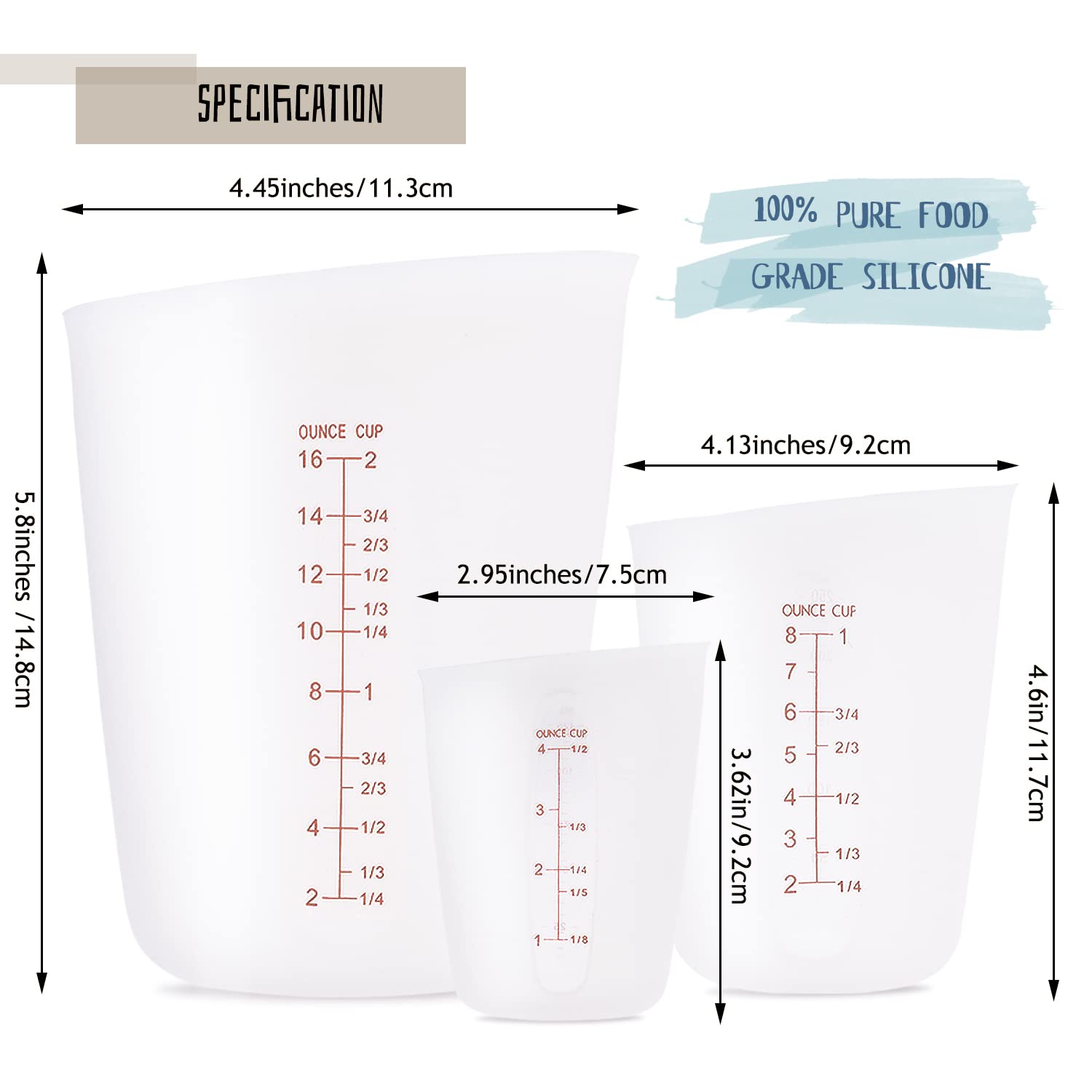 Alaeseje 125ml silicone measuring cup showing metric and ounce scales for versatile use.