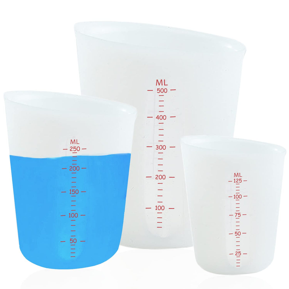 Alaeseje 3pc silicone measuring cups set with easy-to-read markings for precise pouring.