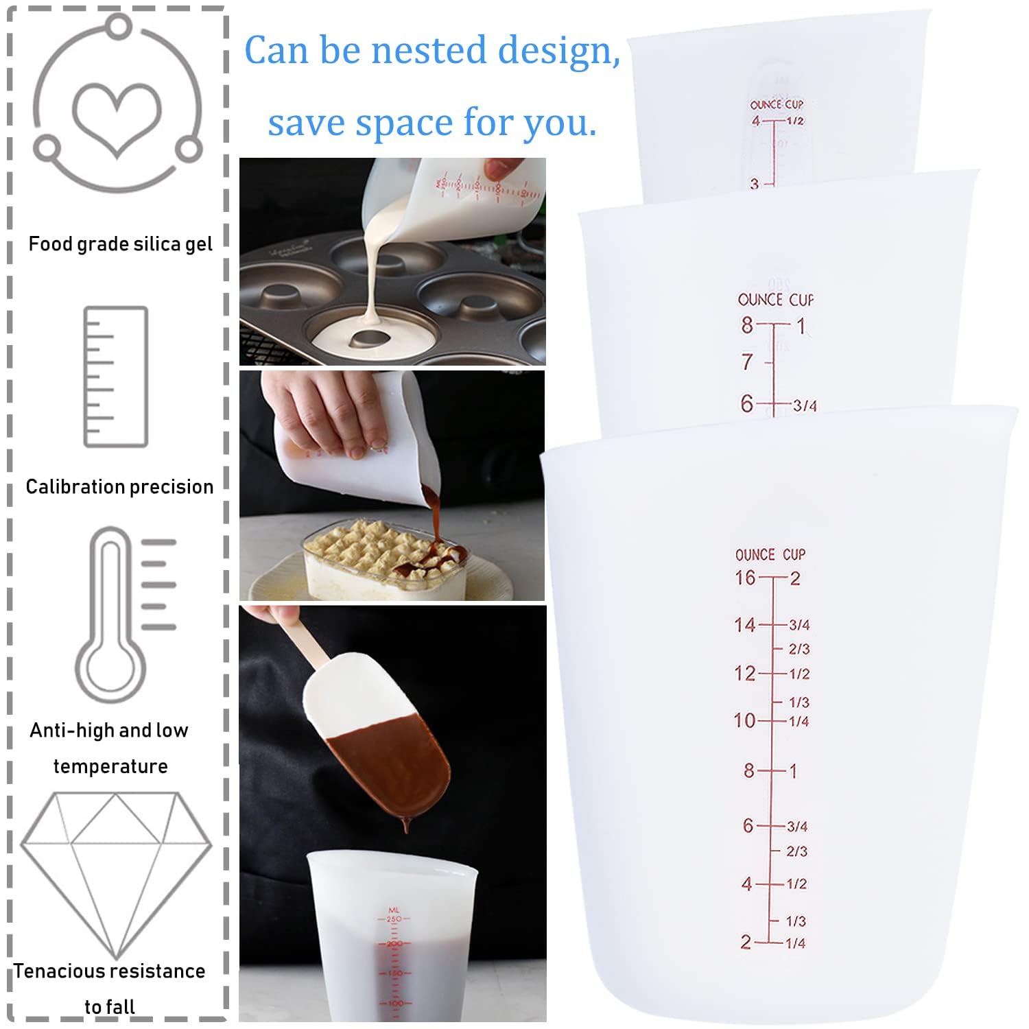 Alaeseje silicone cups with flat base provide stable countertop use.