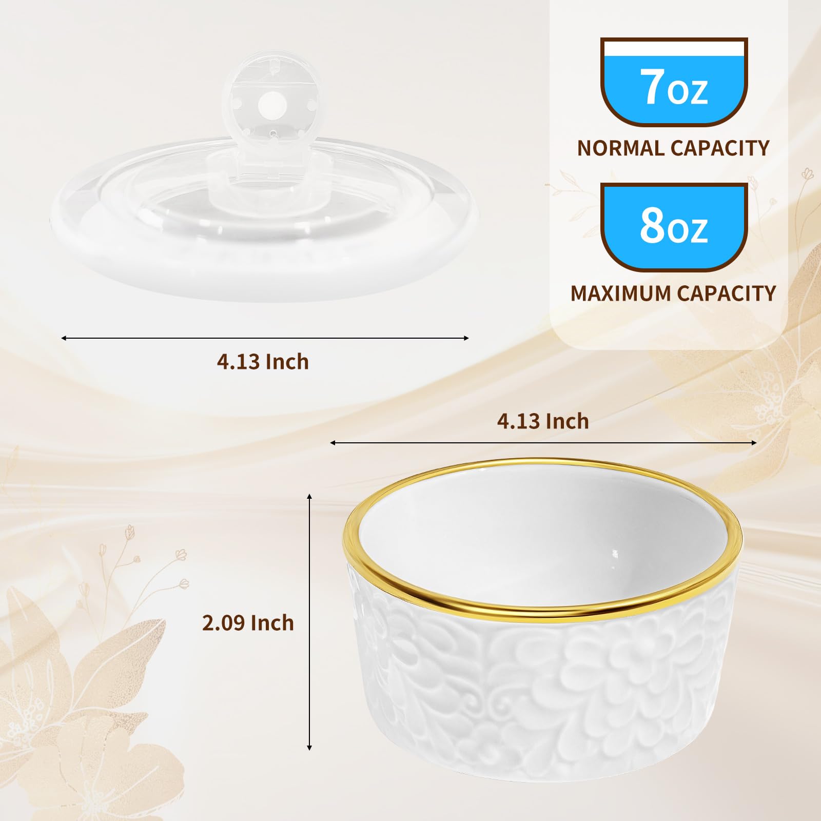 Alarrar 8oz creme brulee ramekins with floral embossing and gold trim for desserts