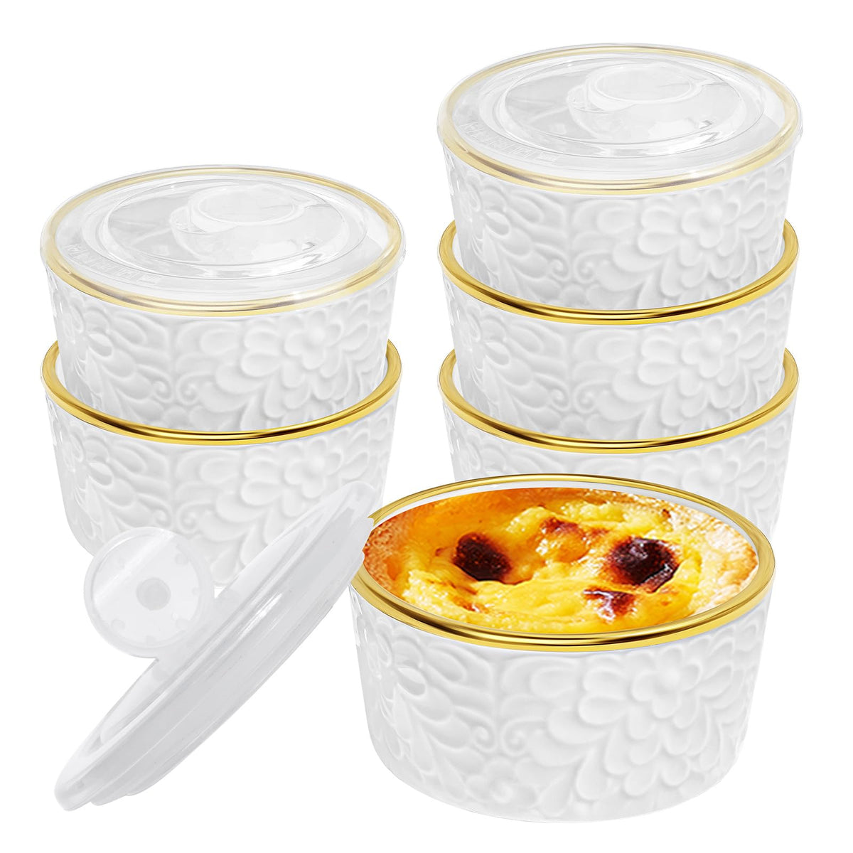 Alarrar ramekins with lids in embossed flora white, ideal for fridge storage