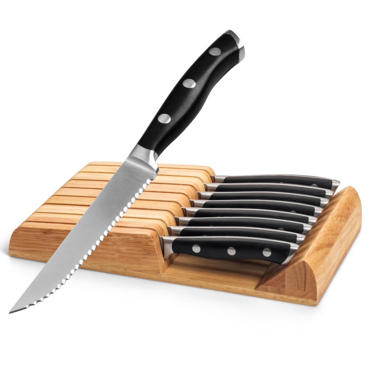 Alata 8-piece steak knife set with block for organized kitchen storage.