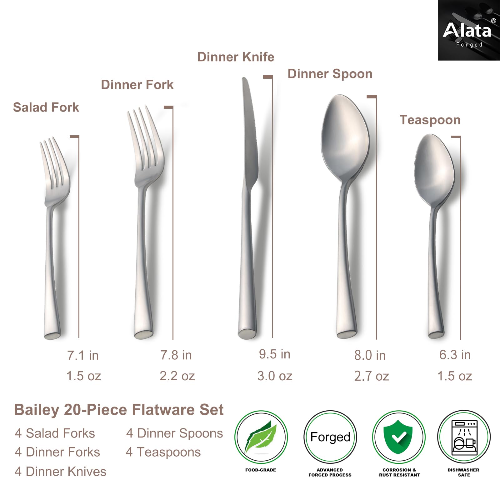 Care label indicating dishwasher-safe feature of Alata Bailey flatware