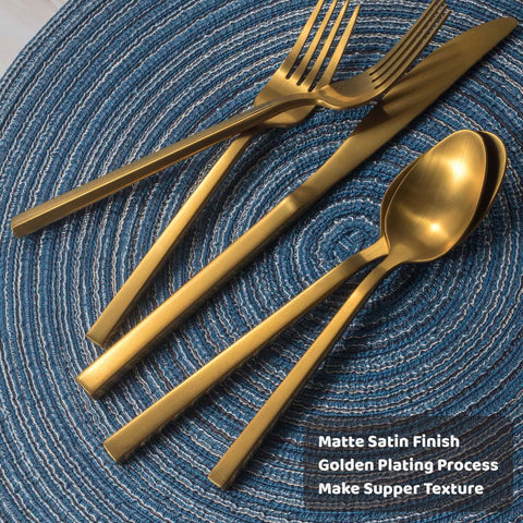 Alata Cube Gold 20-Piece Flatware is dishwasher safe for easy cleanup.