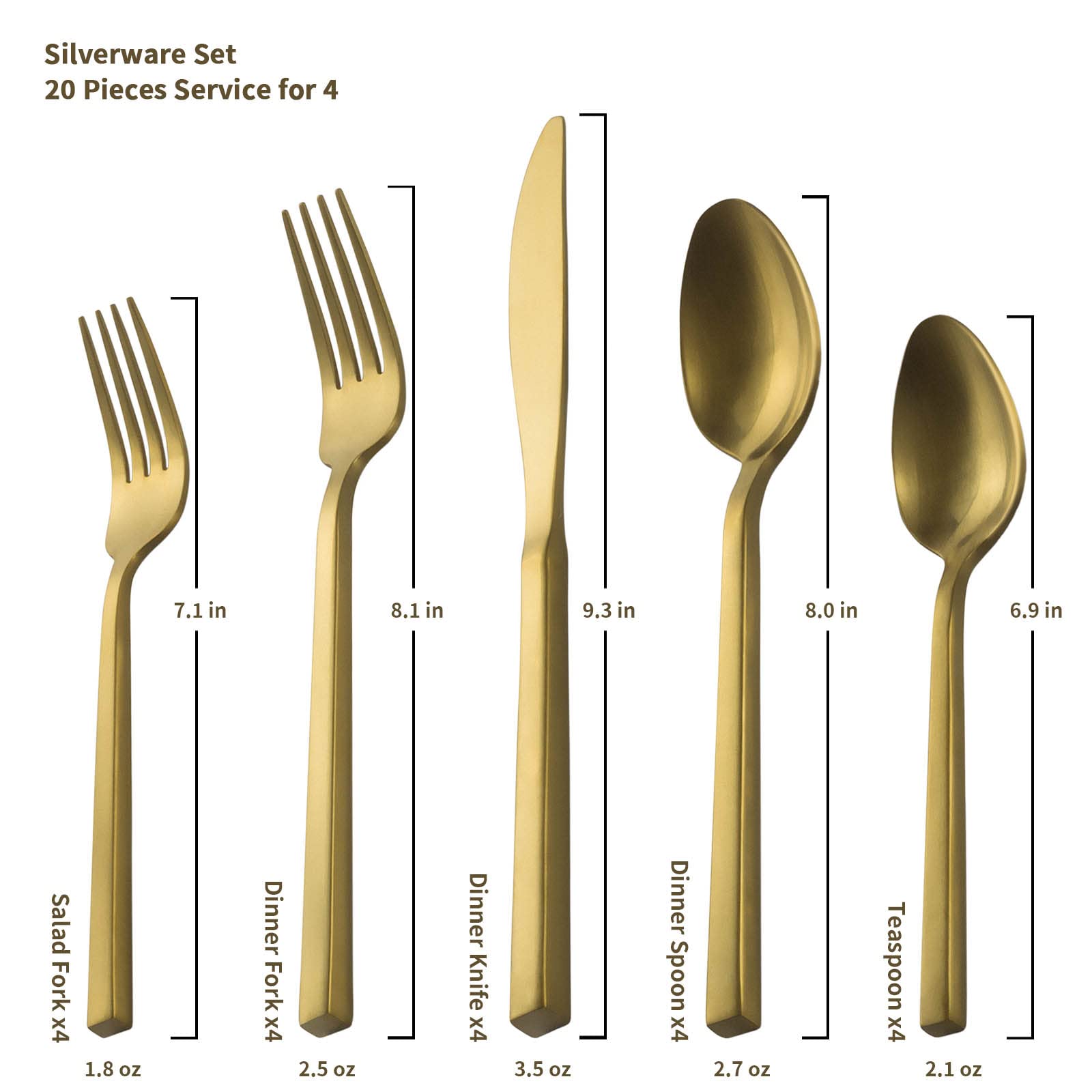 Alata Cube Gold 20-Piece Flatware forged stainless steel for a sturdy, long-lasting set.