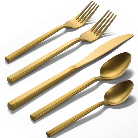 Alata Cube Gold 20-Piece Flatware with square handle, durable forged steel for daily meals.